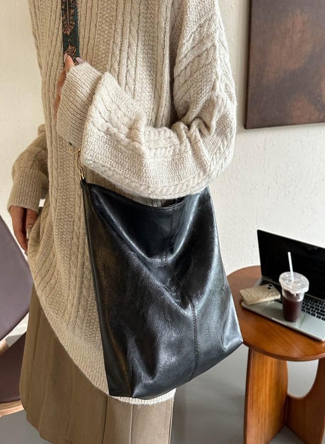 CALFOVERA Vegan PU Leather Crossbody Hobo Bag with Zipper Black Stylish Shoulder Purses for Women Wide Guitar Strap Tote Bucket Bag for Working, Shopping, Traveling, Meeting, Daily Use - Image 4